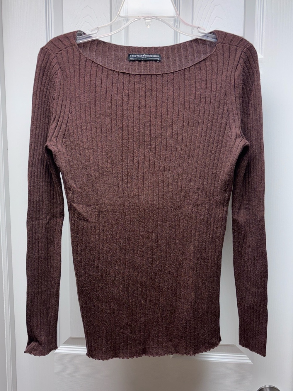 Peruvian Connection Ribbed Pima Cotton Top Brown Long Sleeve Size S